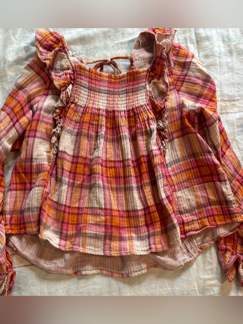 Free People We The Free Women’s Plaid Smocked Ruffle Blouse Orange & Pink EUC S